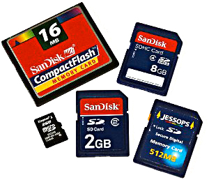 Memorie flash di differente tipo: CompactFlash, SD, MicroSD